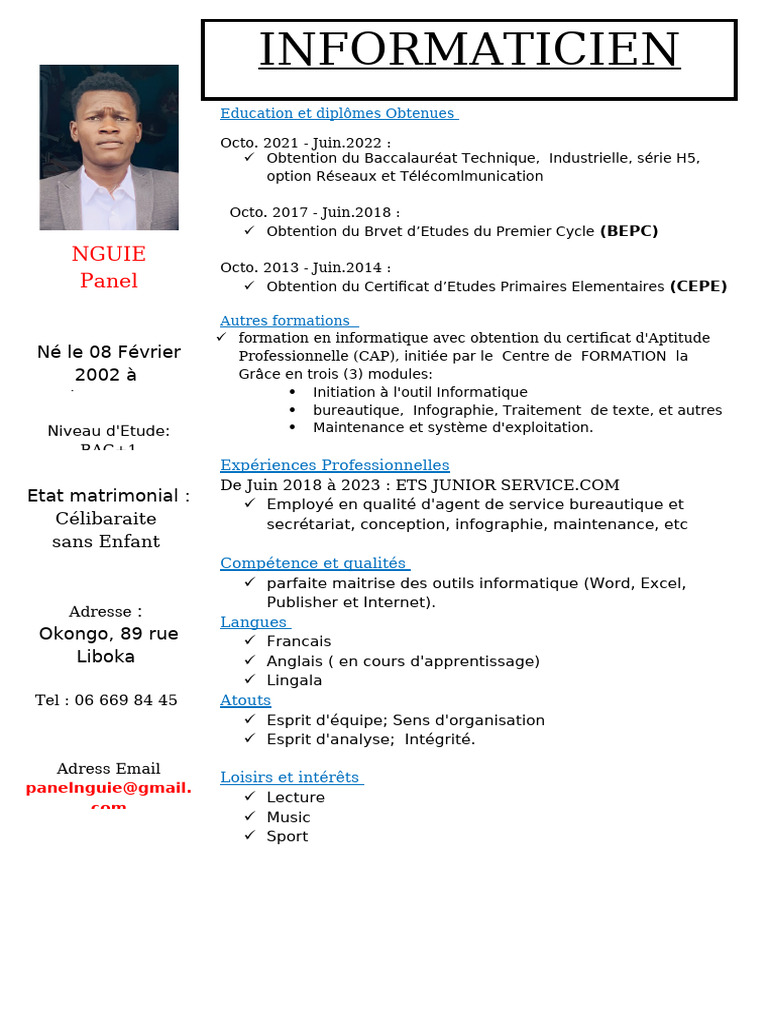 CV Informatique de Panel Nguié | PDF