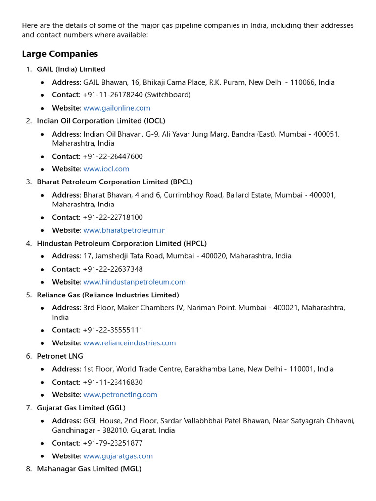 Major Gas Pipeline Companies in India | PDF | Fossil Fuels | Energy ...