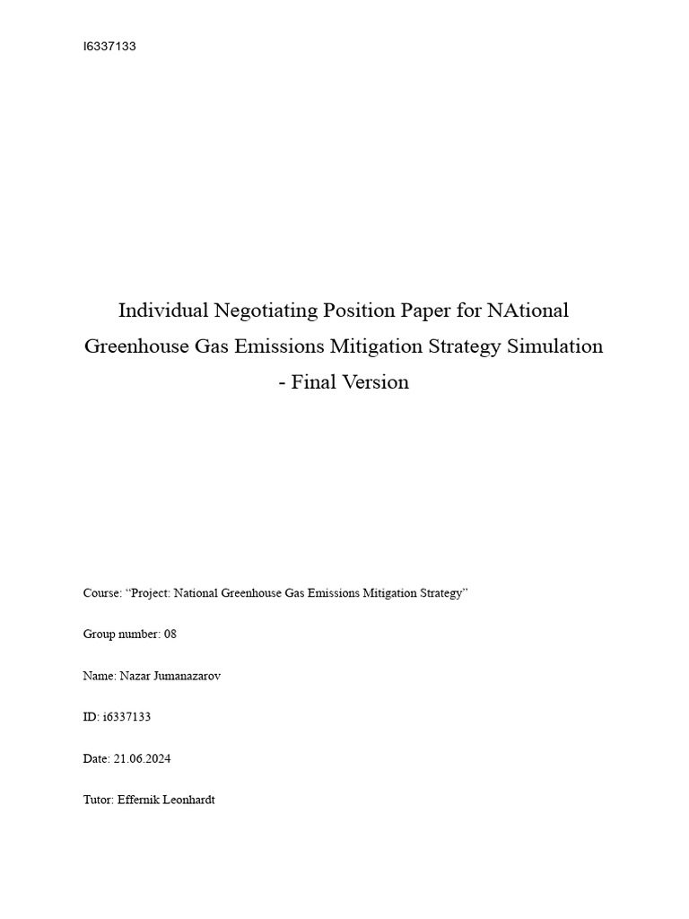 Individual Negotiating Position Paper For National Greenhouse Gas ...