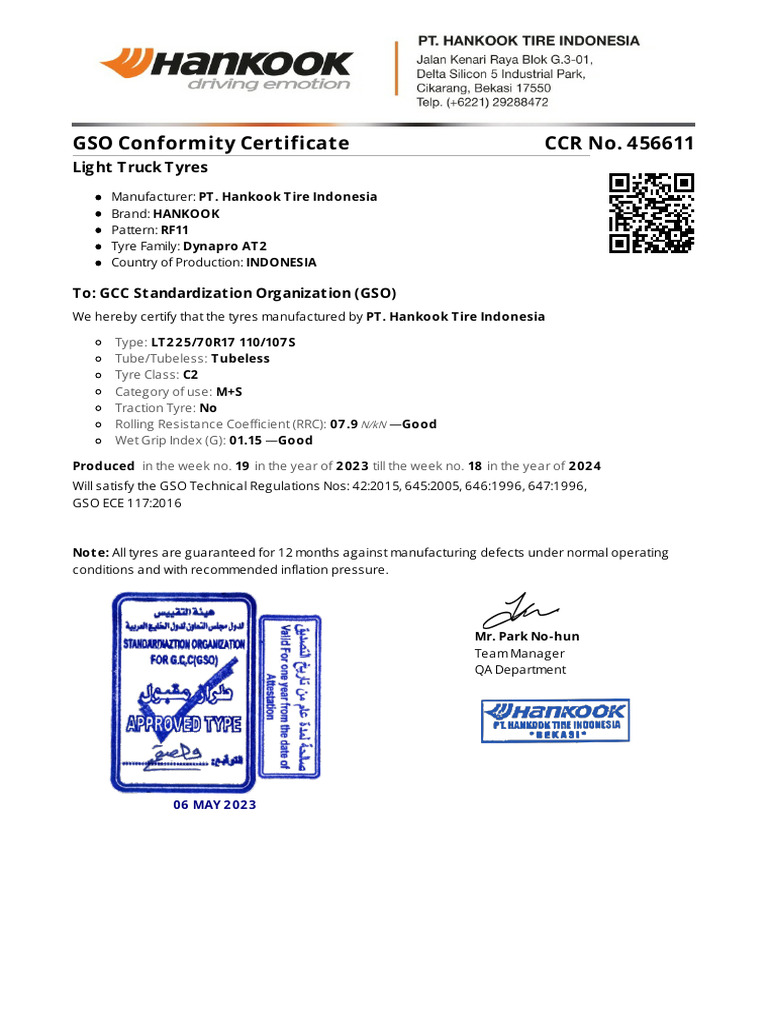 GSO Conformity Certificate for Hankook Tyres | PDF | Tire | Mechanical ...