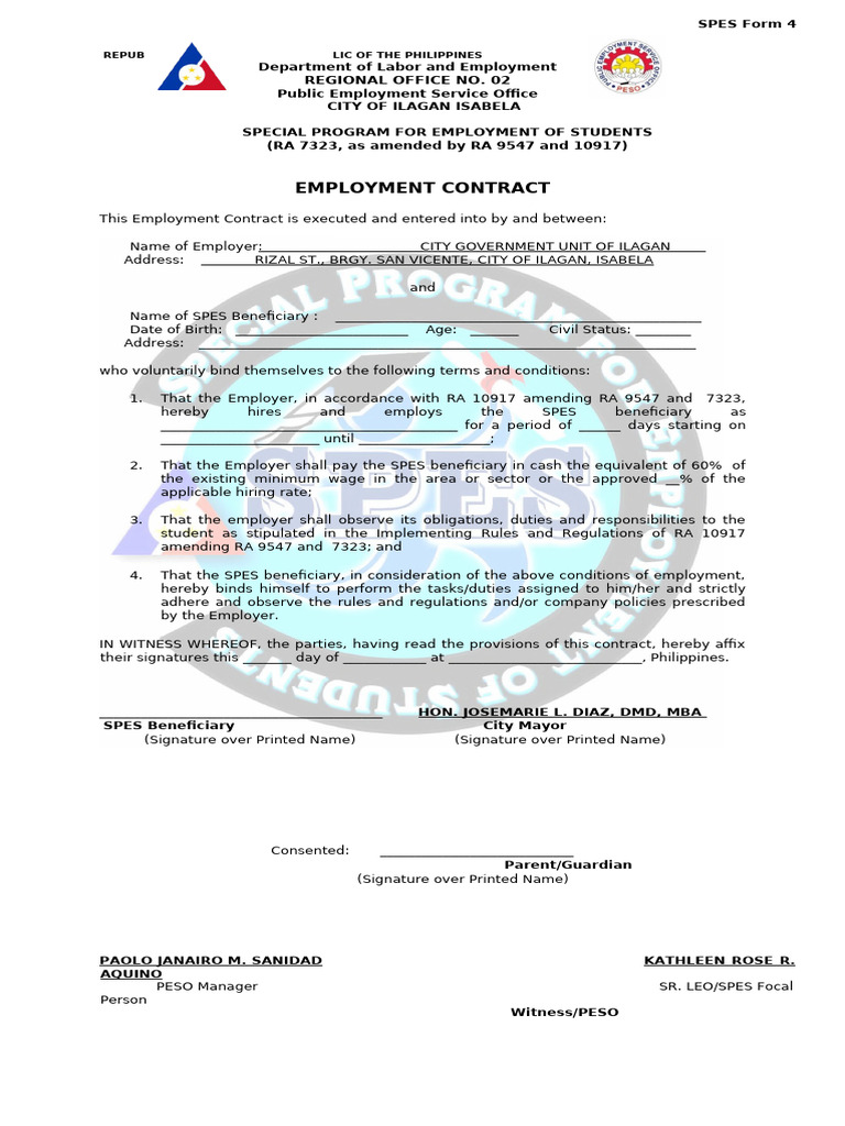 SPES Employment Contract Template | PDF | Employment | Private Law