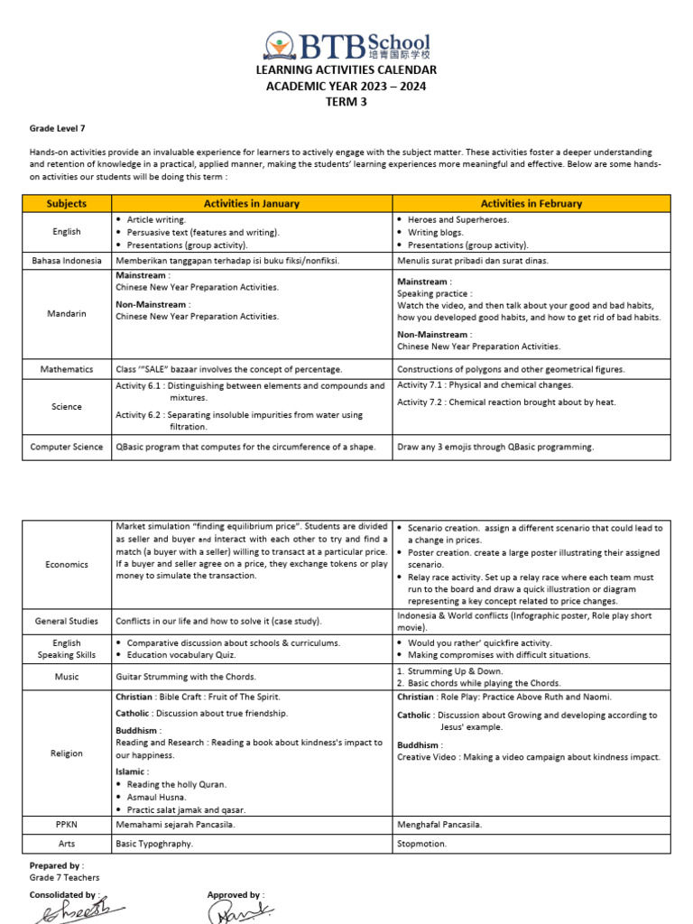 Grade 7 Learning Activities Calendar 2023-24 | PDF