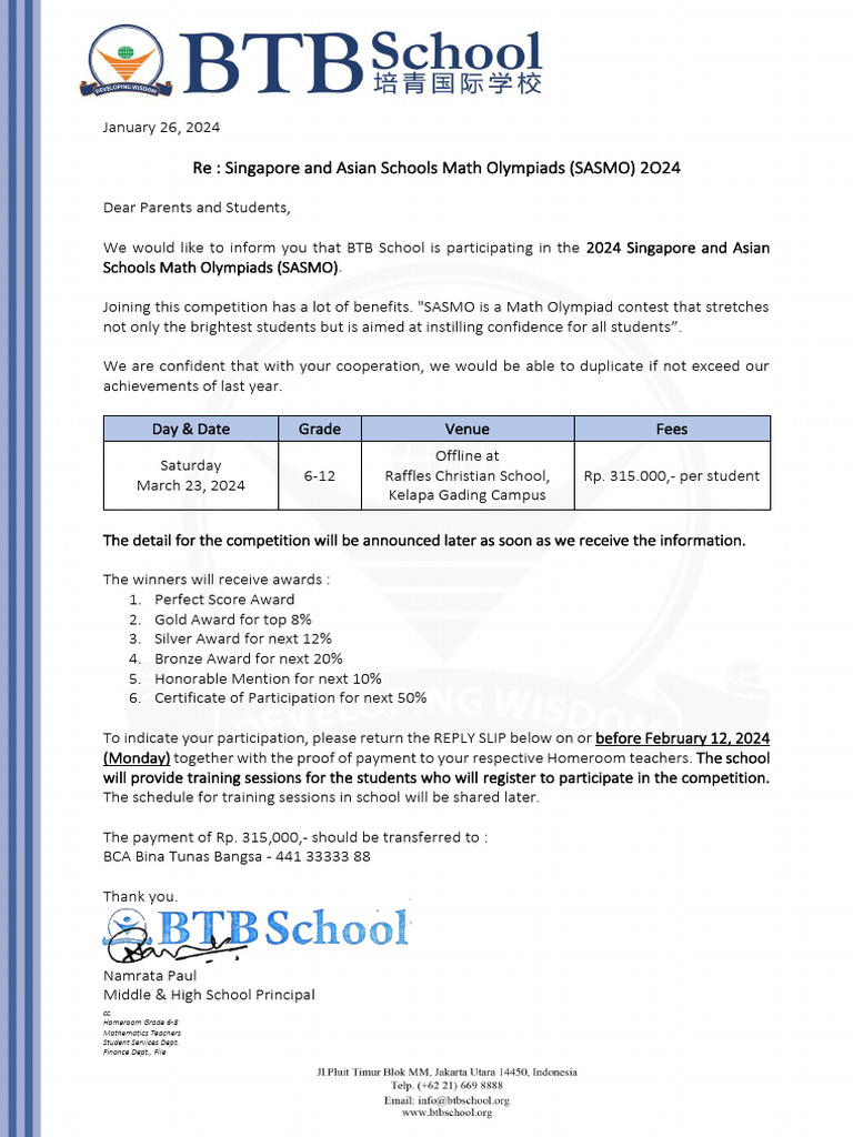 2024 SASMO Participation Details | PDF | Schools