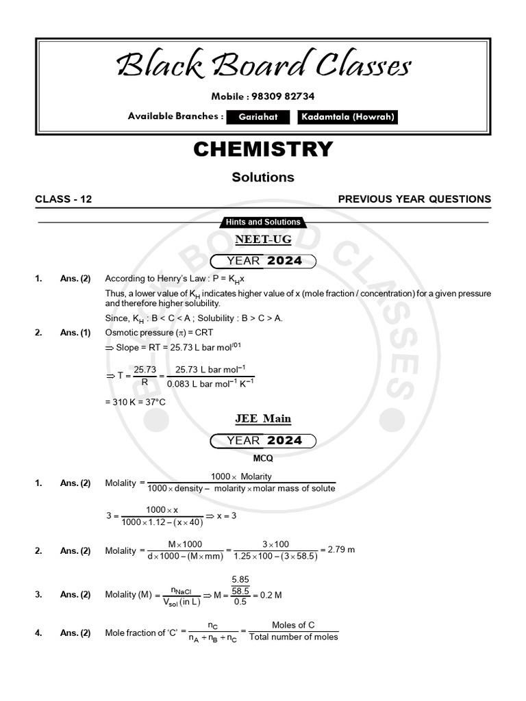 01 Solutions Year 2024 Solution Class 12 | PDF | Molar Concentration ...