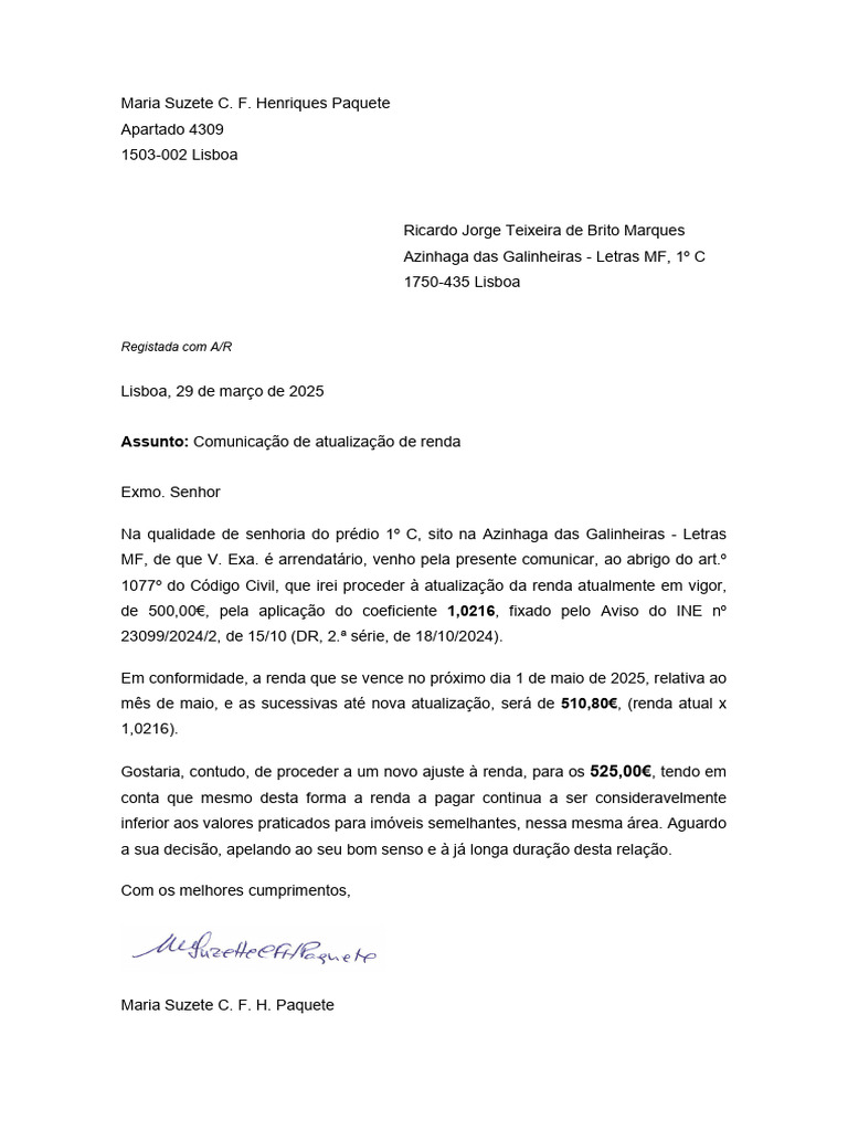 Carta Aumento - 2025 03 29 - GP 1ºC - Ricardo Marques | PDF