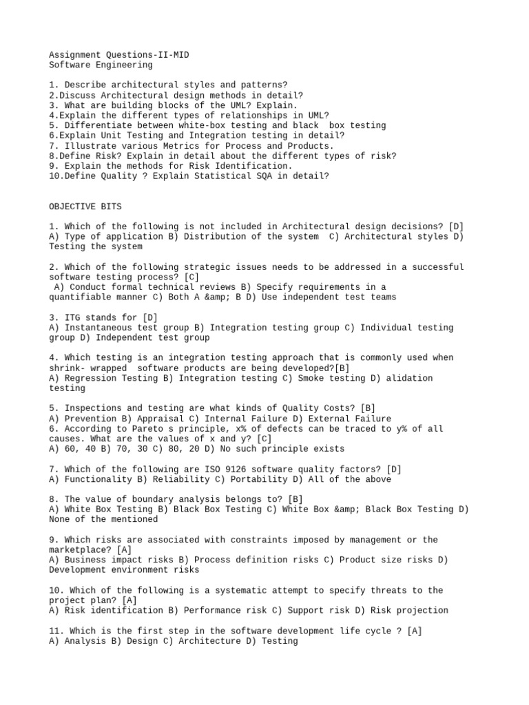 SE-Assignament questions-II-MID EXAMINATION | PDF | Risk | Software Testing