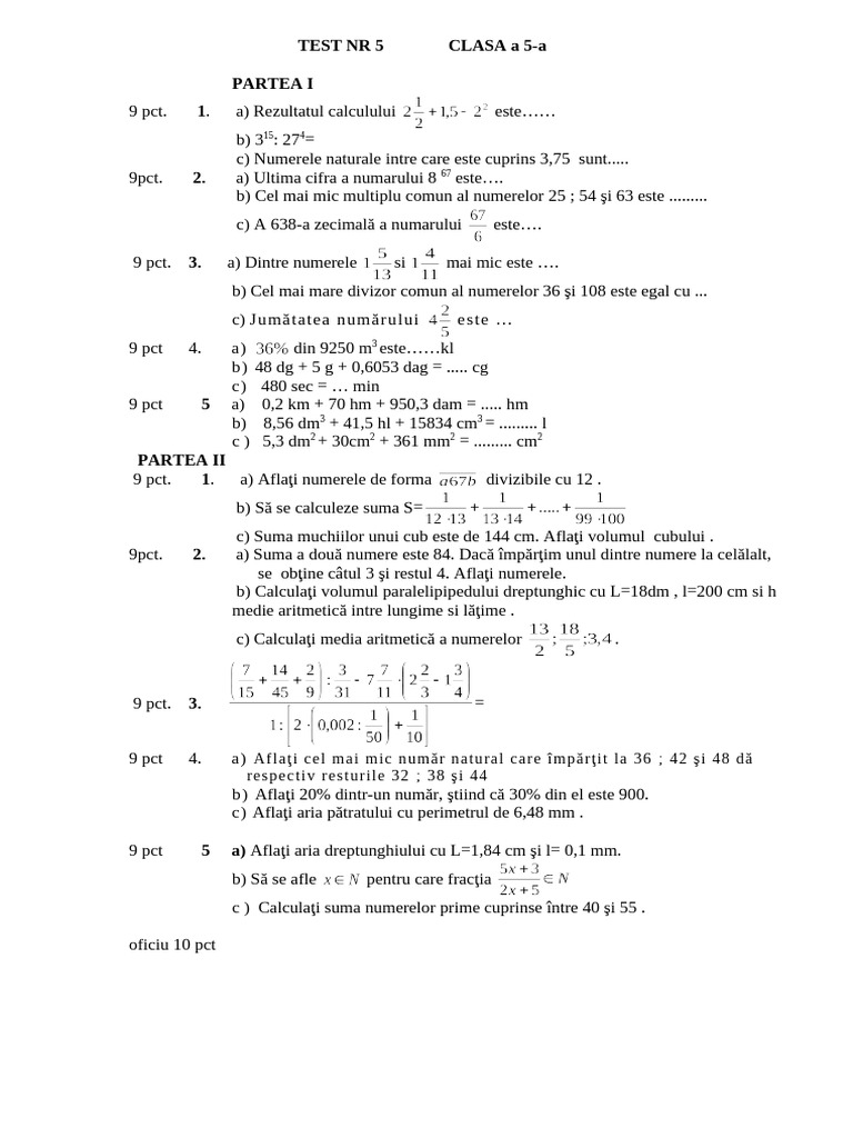 Test NR 5 Clasa A 5 | PDF