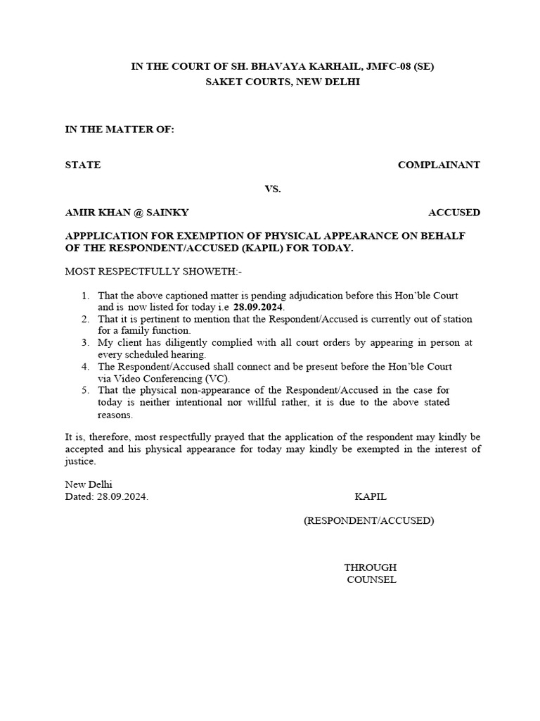 Application for Exemption of Appearance | PDF