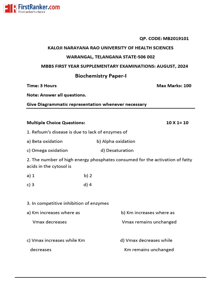 Biochemistry Paper-I | PDF | Cholesterol | Nutrients