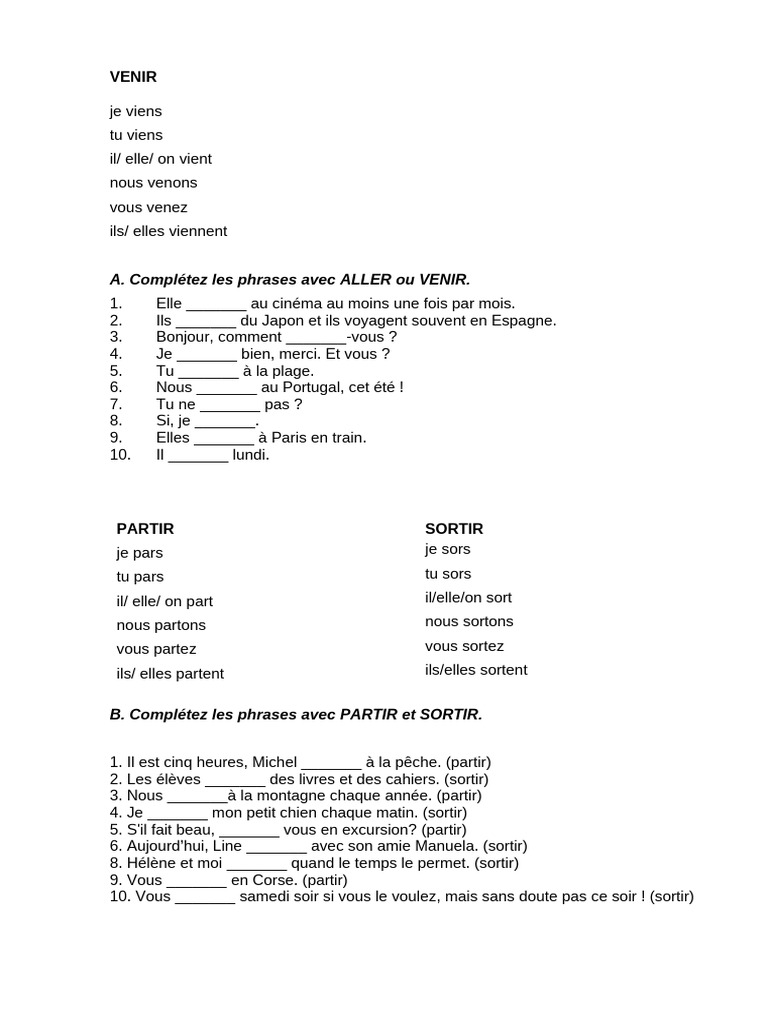 Conjugaison des verbes venir, partir, sortir | PDF