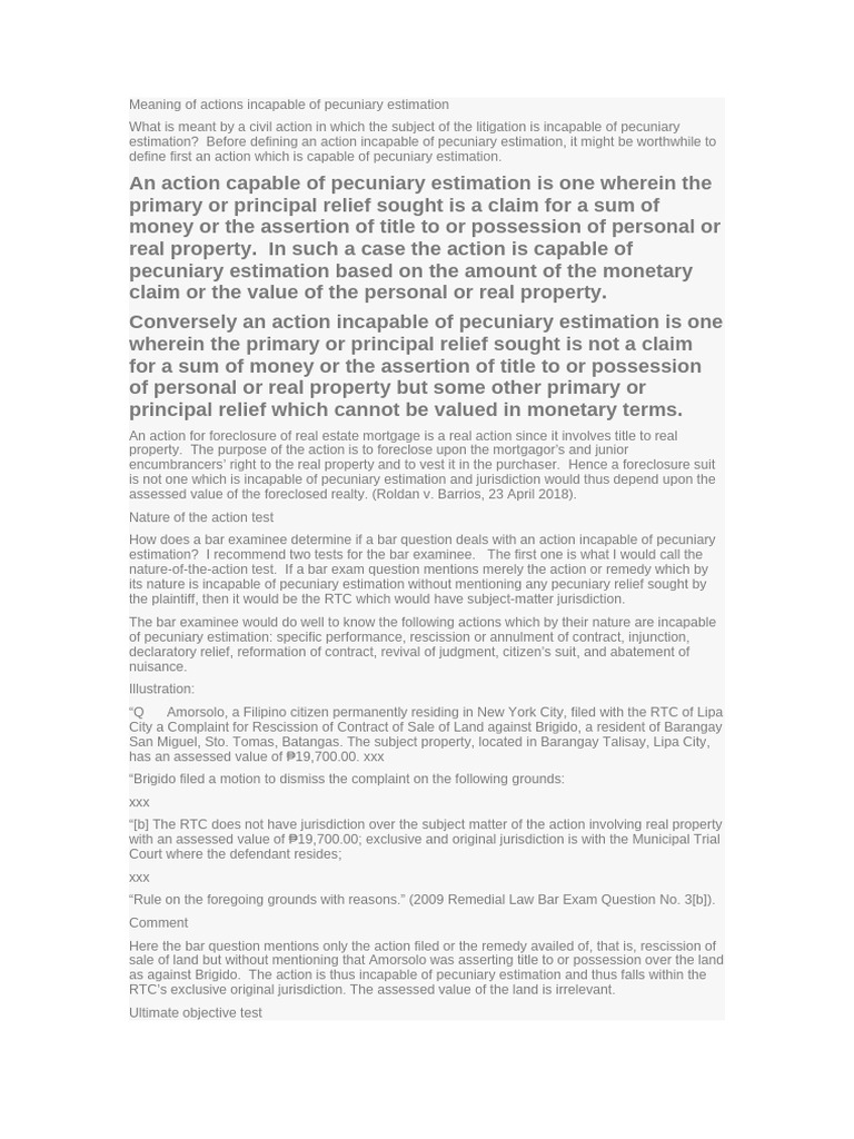 Actions Incapable of Pecuniary Estimation | PDF | Mortgage Law ...