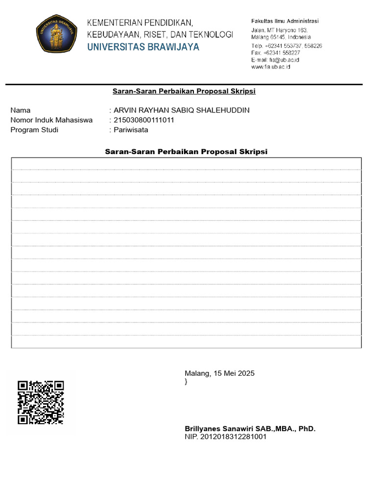Saran-Saran Perbaikan Proposal Skripsi - Arvin | PDF
