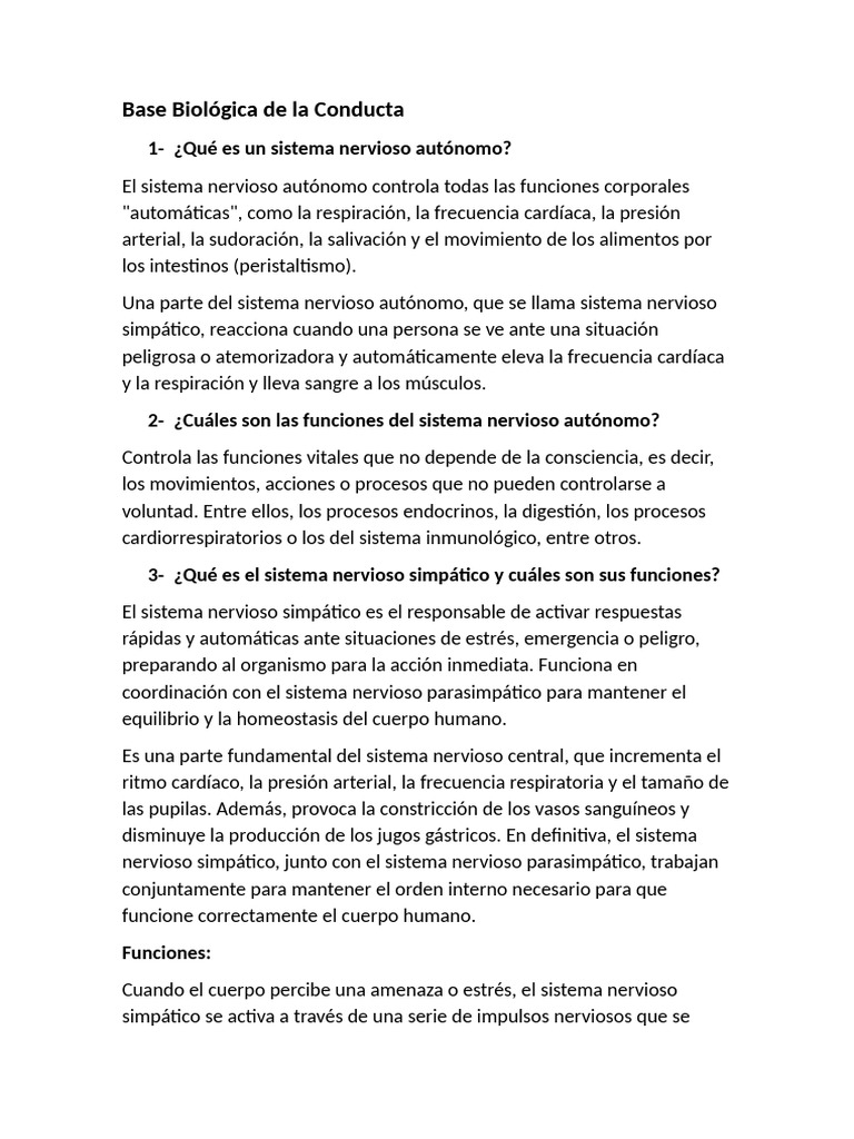 Trabajo de Base de La Conducta | PDF | Sistema nervioso autónomo | Biología