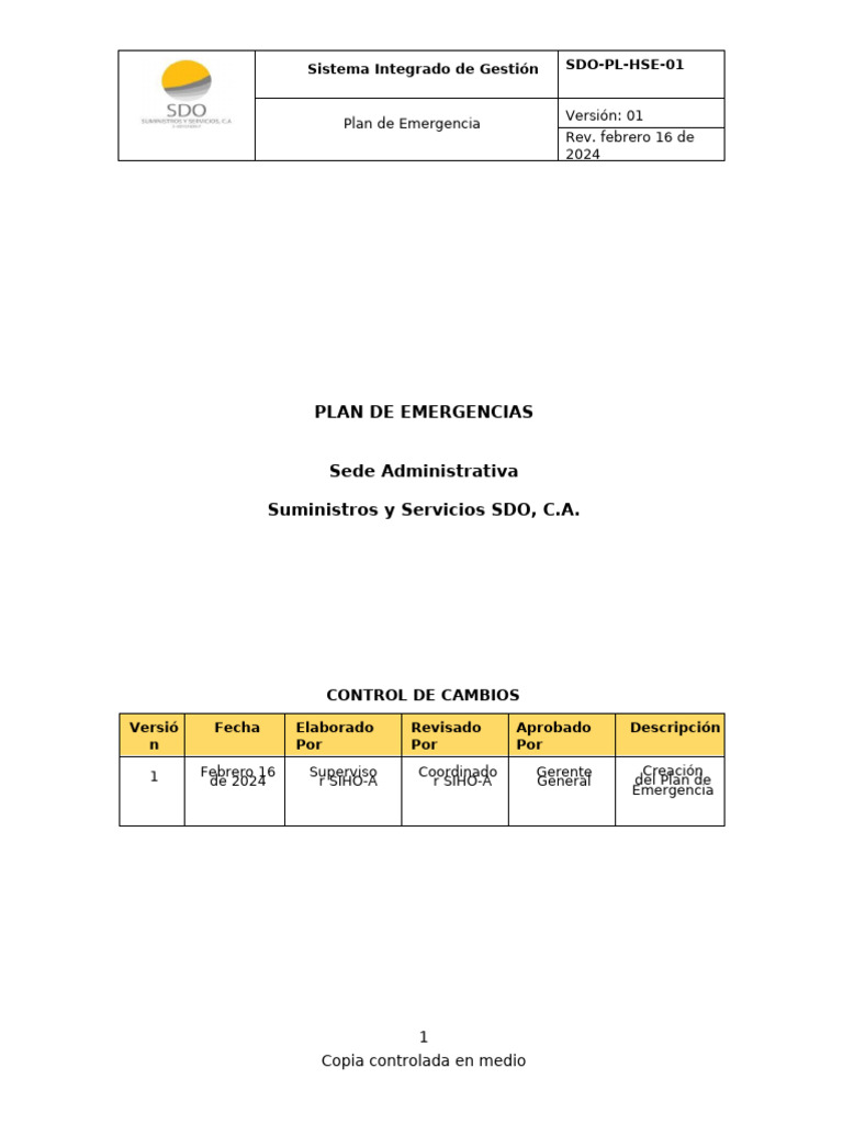 Plan de Emergencia SDO C.A. 2024 | PDF | Primeros auxilios | Emergencia
