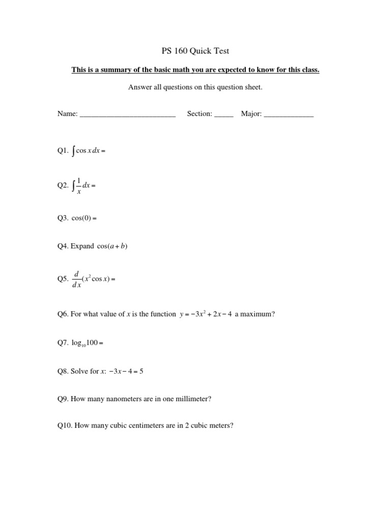 PS 160 Math Quick Test Overview | PDF