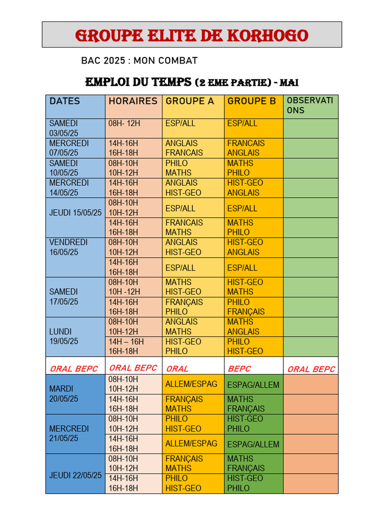 Emploi du Temps Bac 2025 - Mai | PDF