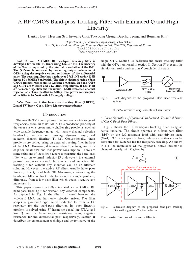 A RF CMOS Band-Pass Tracking Filter With Enhanced Q and High Linearity ...