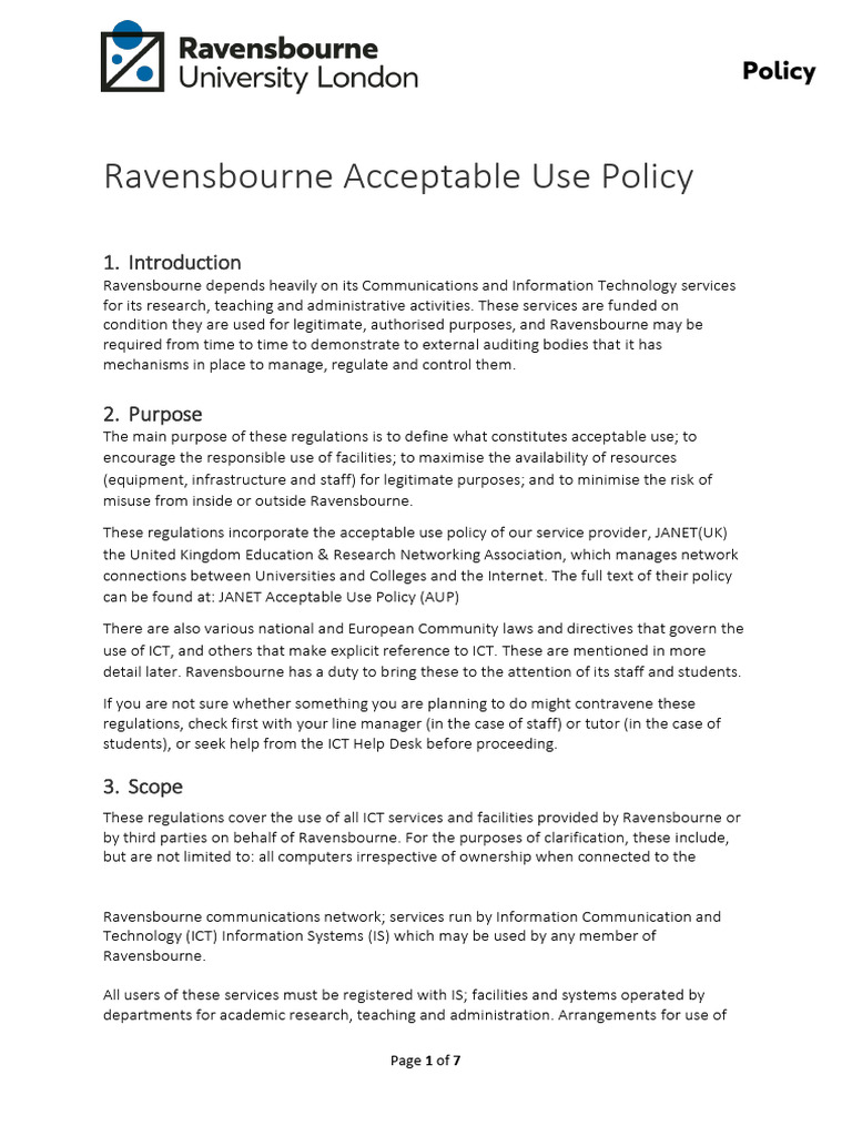 Ravensbourne ICT Acceptable Use Policy | PDF | Justice | Crime & Violence
