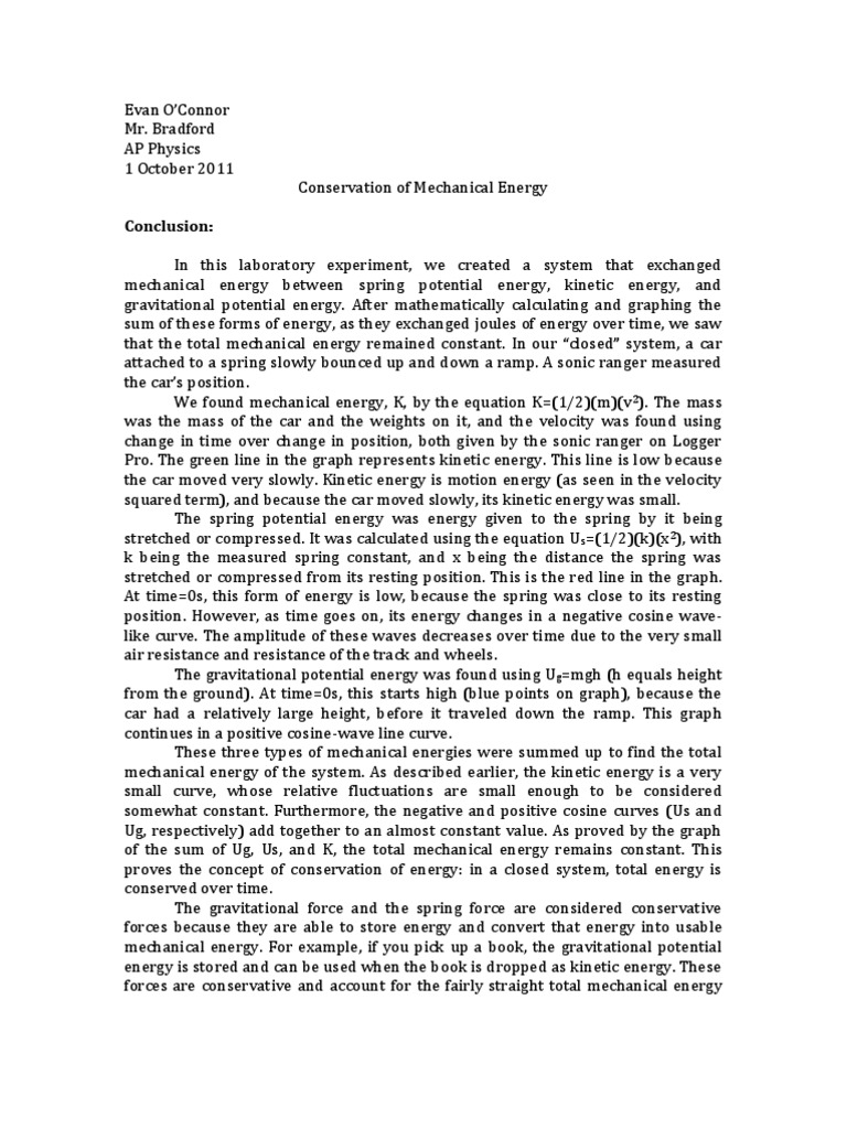 Conservation of Energy Lab Report Potential Energy Energy