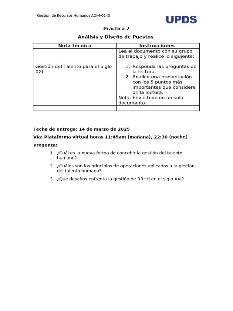 Practica 2 Gestión DeL Talento Humano en El Siglo XXI | PDF