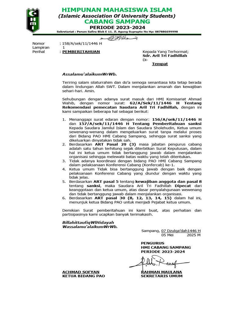 Pemberitahuan Pemecatan Aril Tri Fadhillah | PDF