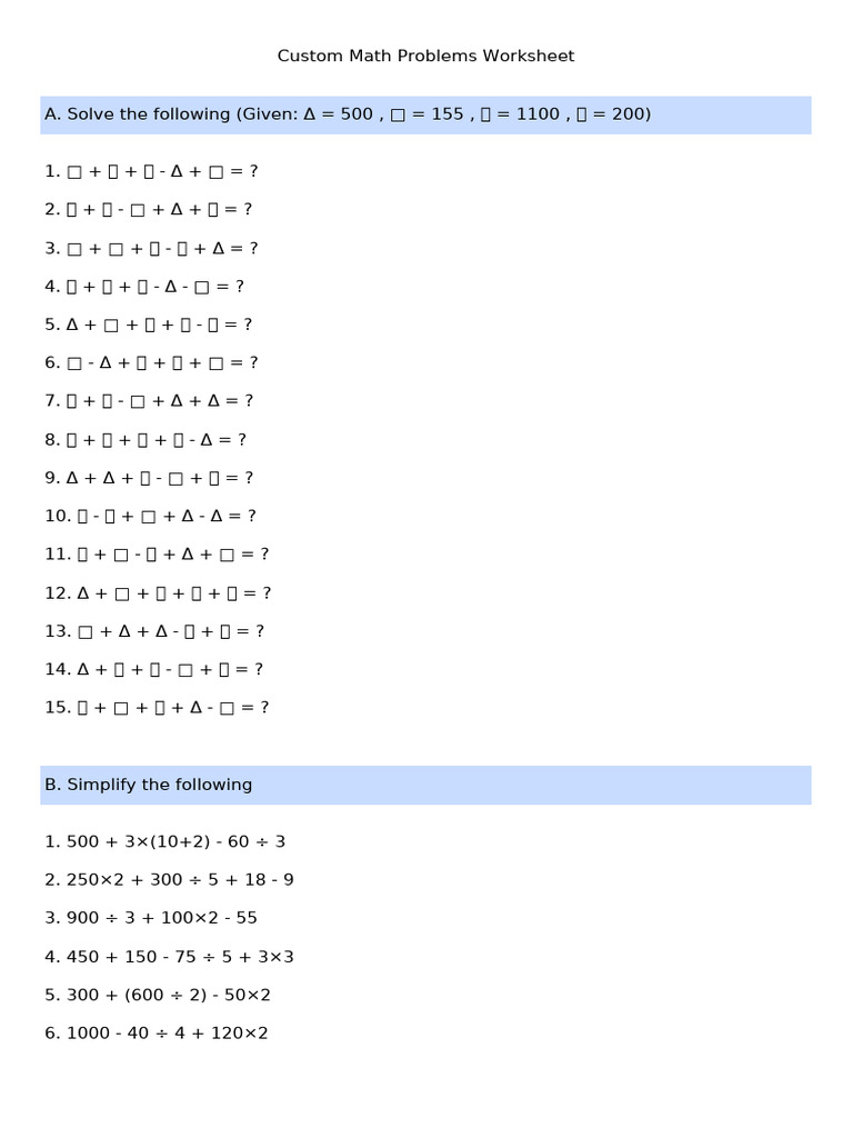Custom Math Problems With Symbols | PDF