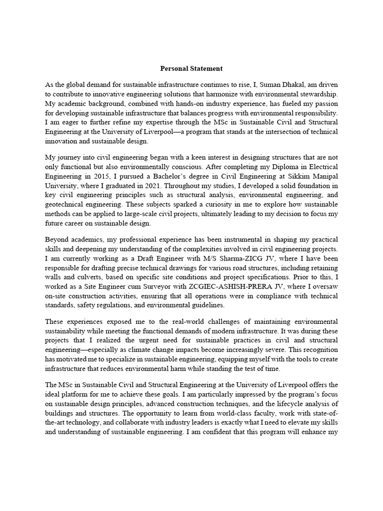 Sustainable Engineering Personal Statement | PDF | Engineering | Civil ...