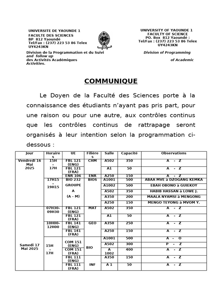 Rattrapage Contrôles Continus 2025 | PDF