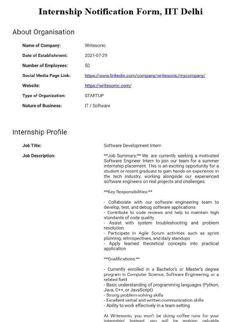 Software Development Internship at Writesonic | PDF | Internship | Job ...