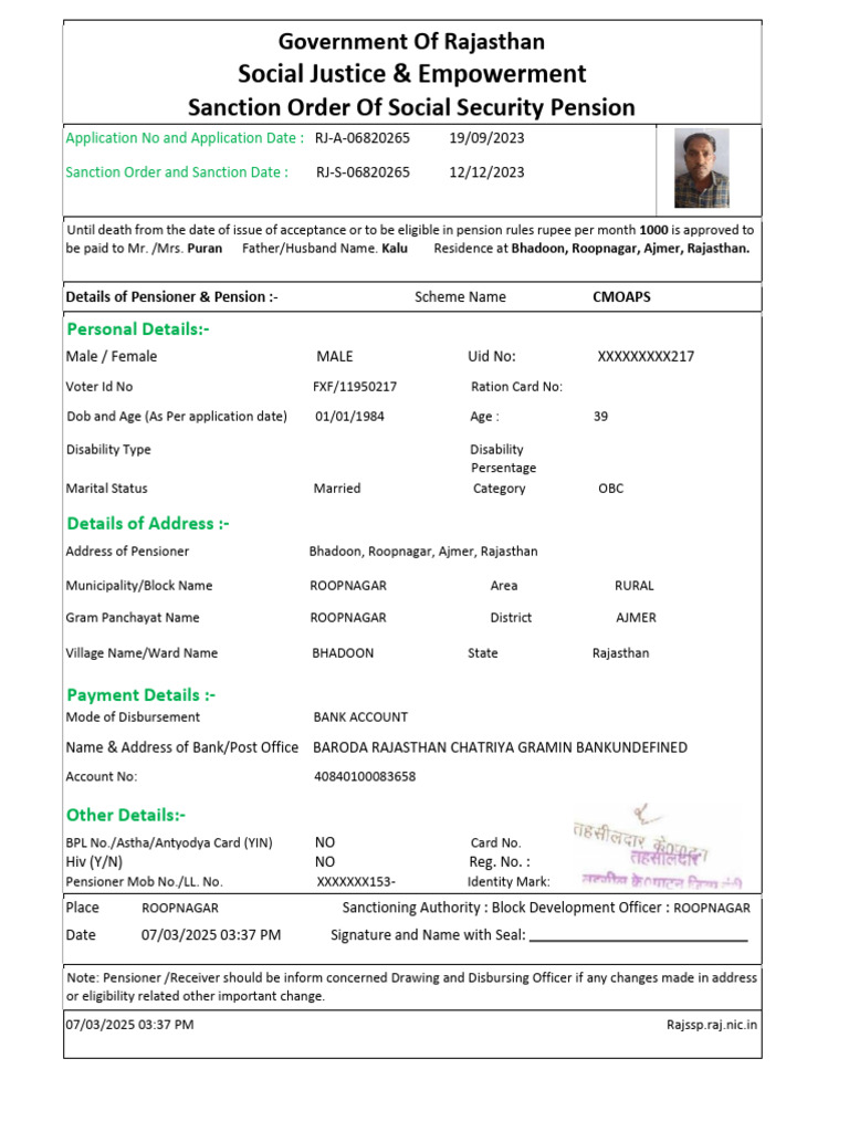 Rajasthan Social Security Pension Order | PDF