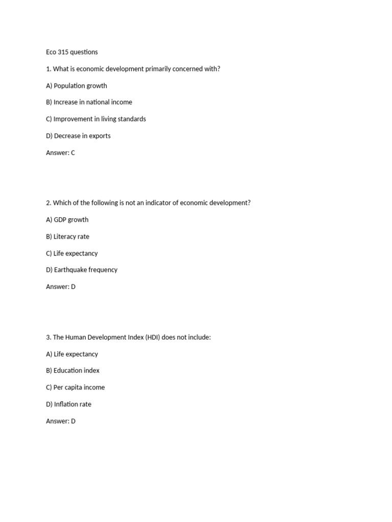 Economic Development Concepts Quiz | PDF | Economic Growth | Income