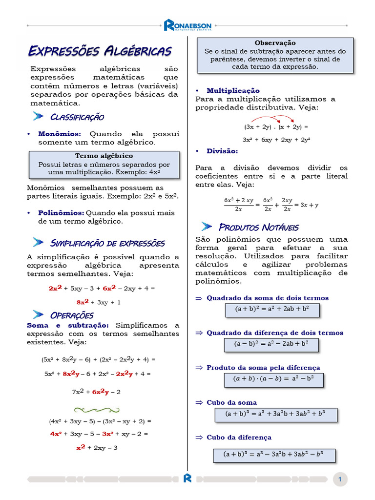 Multiplicação de Expressões Algébricas | PDF | Multiplicação | Matemática