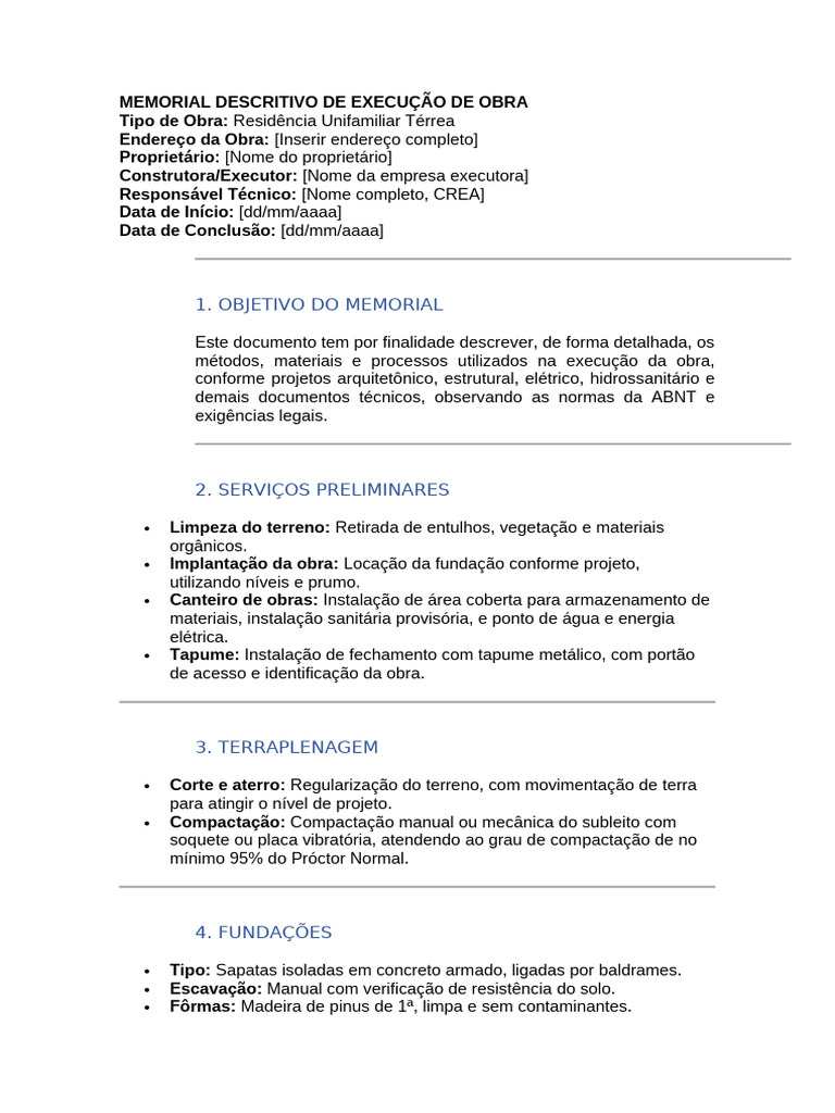Memorial Descritivo de Obra Residencial | PDF | Tinta | Materiais de ...
