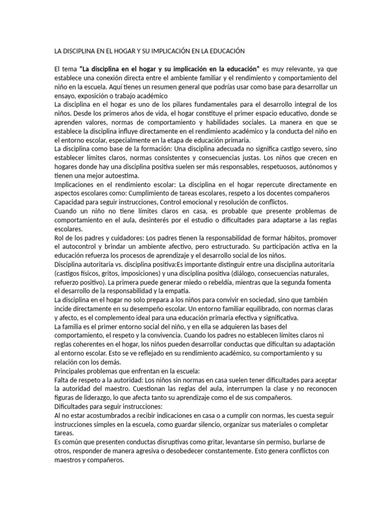 LA DISCIPLINA EN EL HOGAR Y SU IMPLICACIÓN EN LA EDUCACIÓN | PDF ...