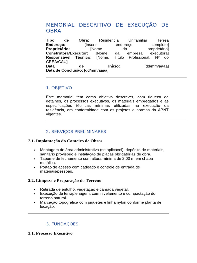 Memorial Descritivo de Obra Residencial | PDF | Argamassa (alvenaria ...