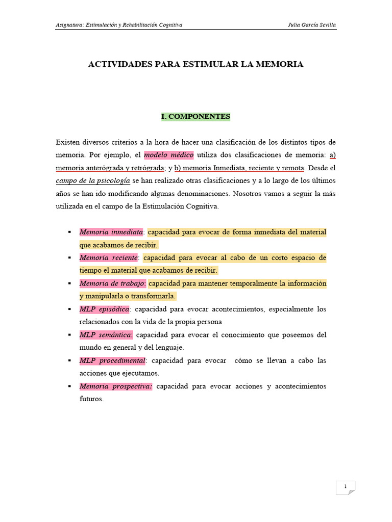 Actividades para Estimular la Memoria | PDF | Memoria | Concepto