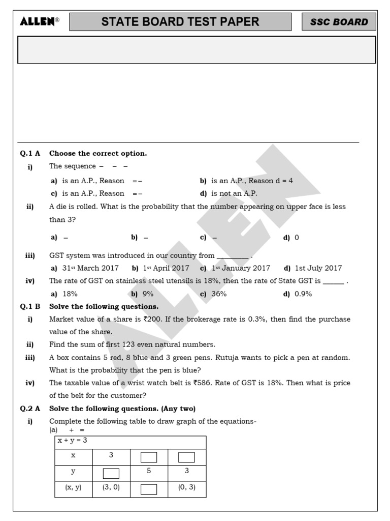 1st Class 1 Maths Question Paper | PDF | Multiple Choice | Quadratic ...
