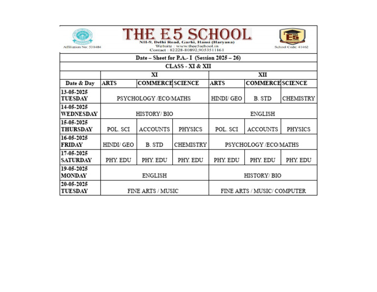 Class XI & XII Date Sheet 2025-26 | PDF