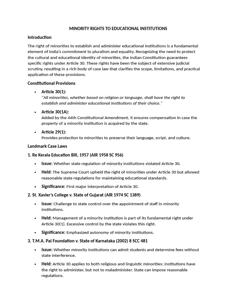 Minority Rights To Educational Institutions | PDF | Constitutional Law ...