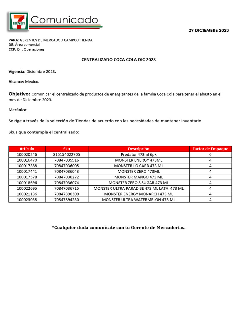 Comunicado Centralizado Energetizantes Coca Cola Dic 23 | PDF