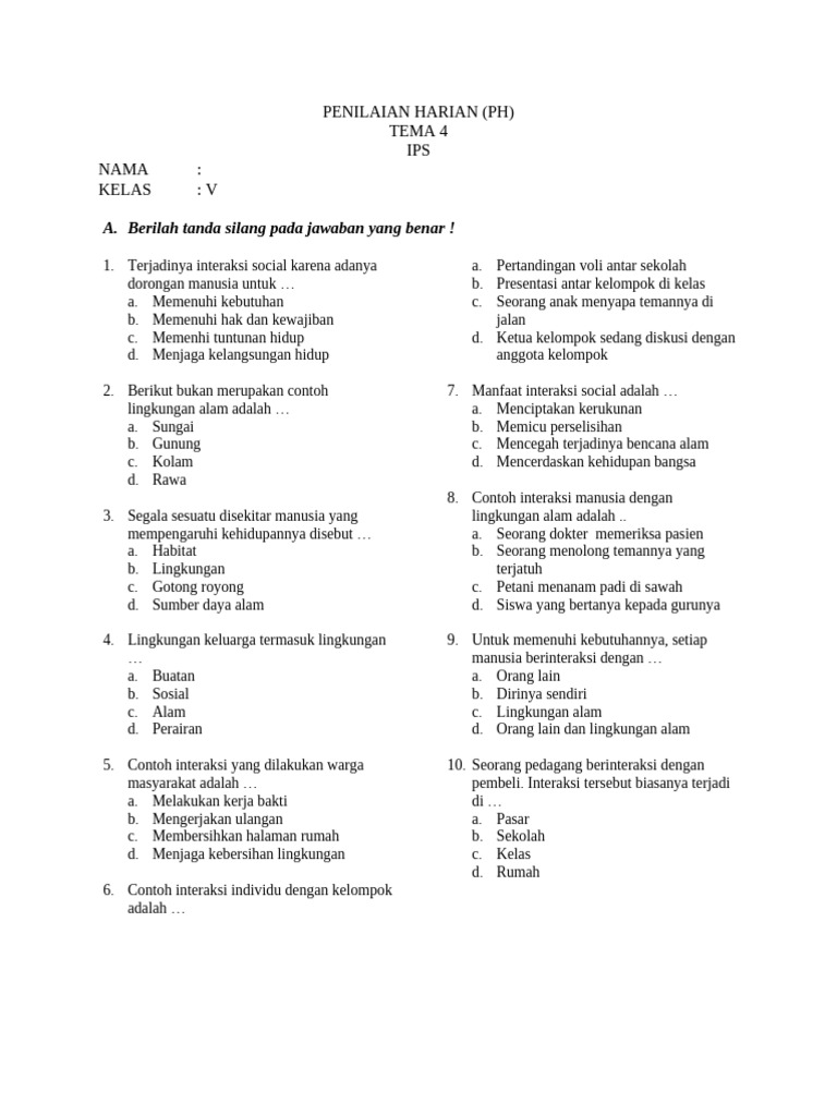 Penilaian Harian IPS Kelas V Tema 4 | PDF