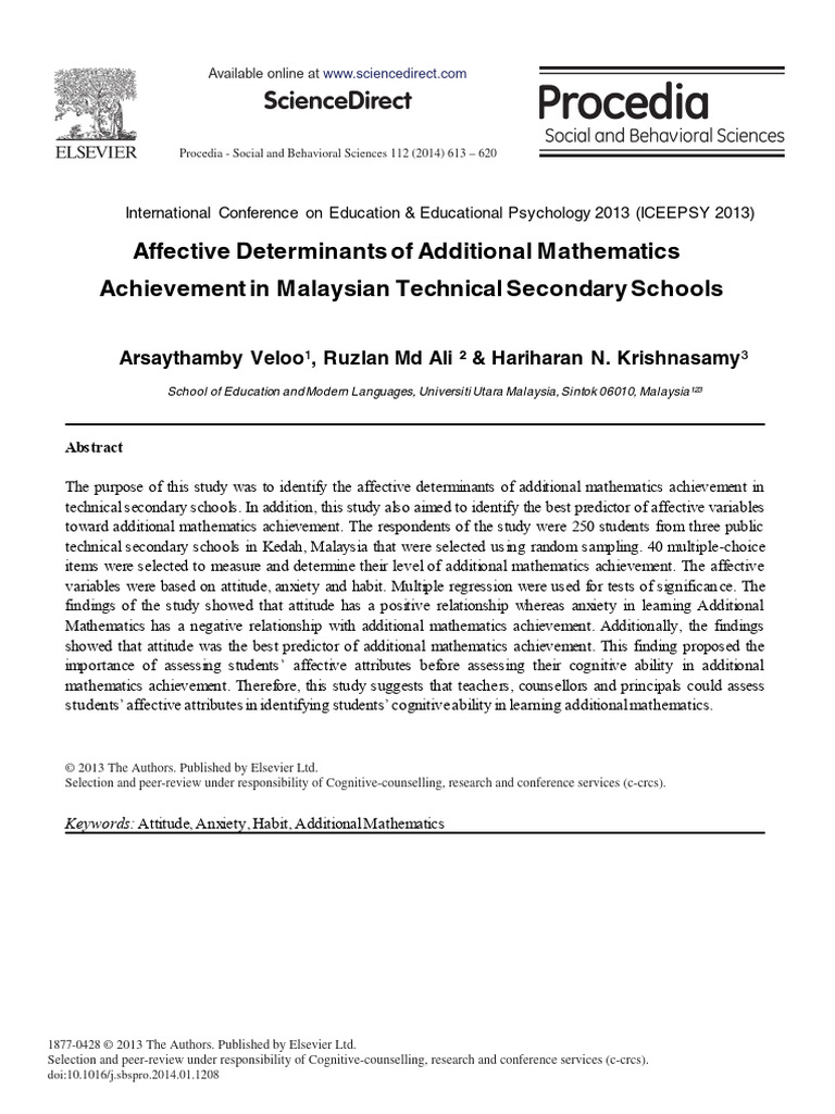 Affective Determinants of Additional Mathematics A 2014 Procedia Social ...