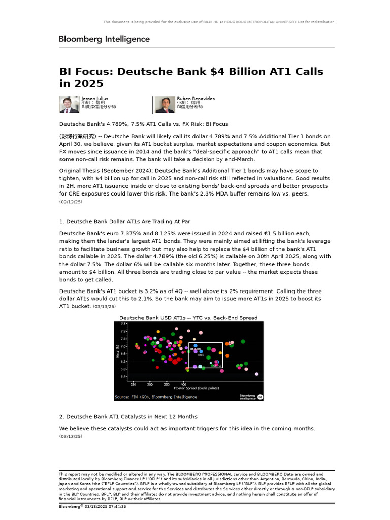 Deutsche Bank's 4.789%, 7.5% AT1 Calls vs. FX Risk BI Focus | PDF ...