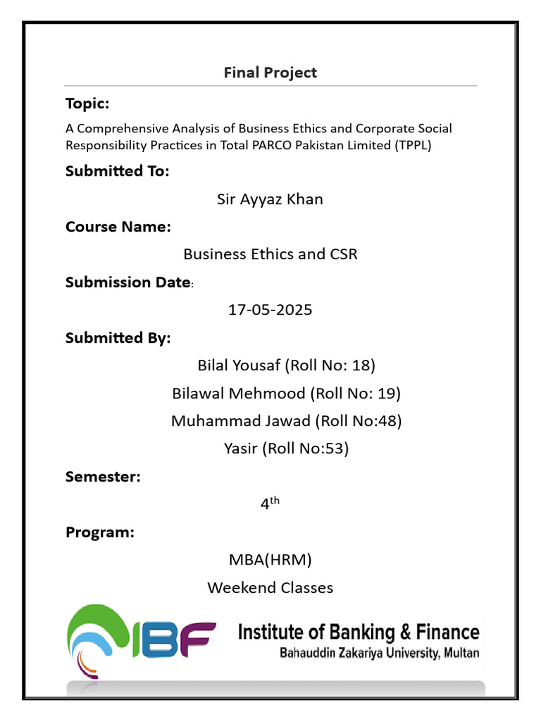 Analysis of Business Ethics and CSR Practices in Total Pakistan by Roll ...