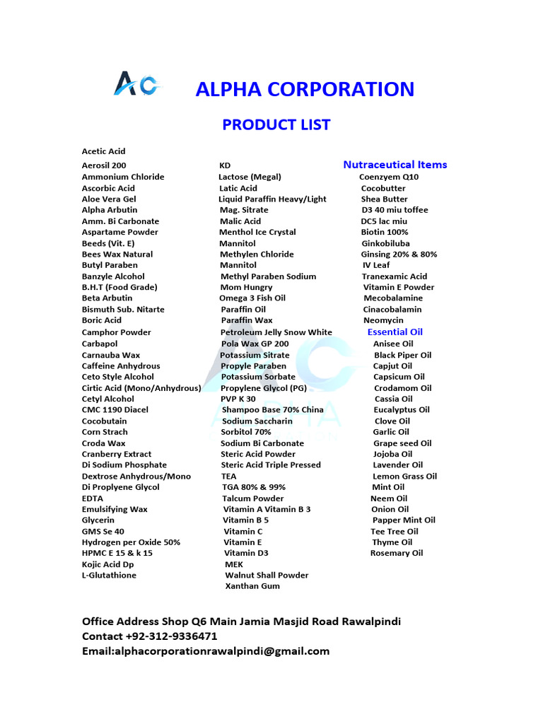Alpha Corporation Product List 2025 | PDF | Chemical Compounds ...
