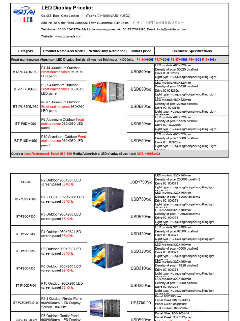 LED Display Price List and Specs | PDF | Pixel | Display Technology