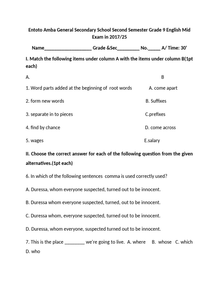 Grade 9 English Mid Exam 2017/25 | PDF | Linguistic Typology | Languages