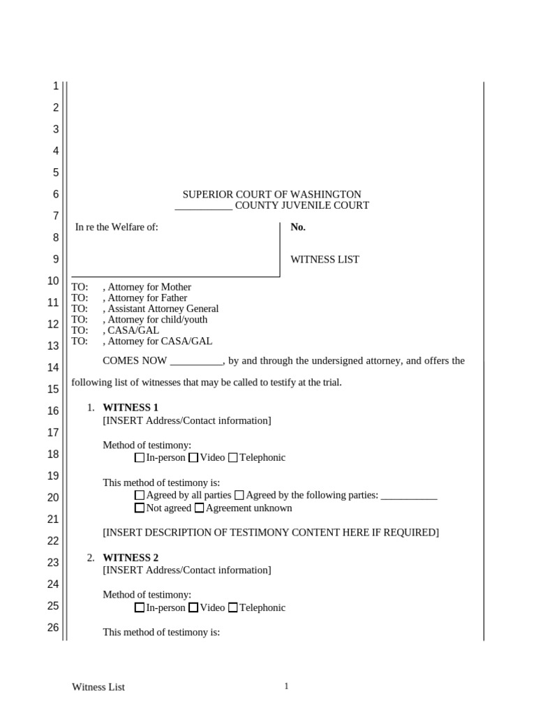 California Trial Witness List Template | PDF | Testimony | Witness