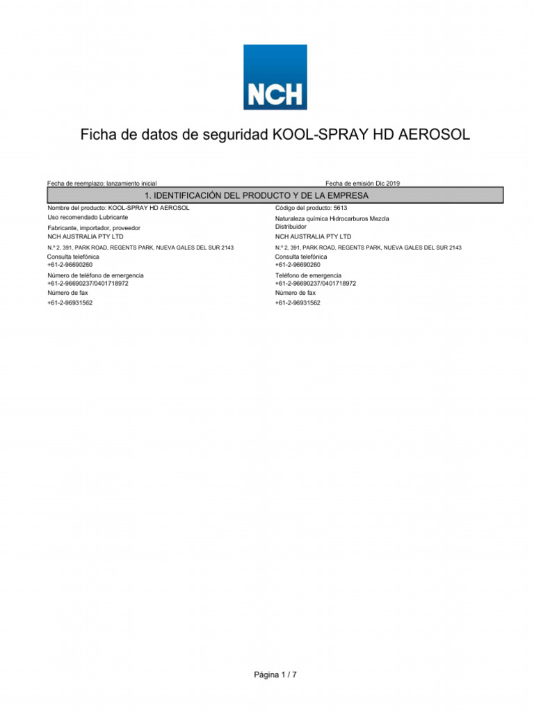 Ficha de Seguridad Kool Spray HD | PDF | Compuesto orgánico volátil ...