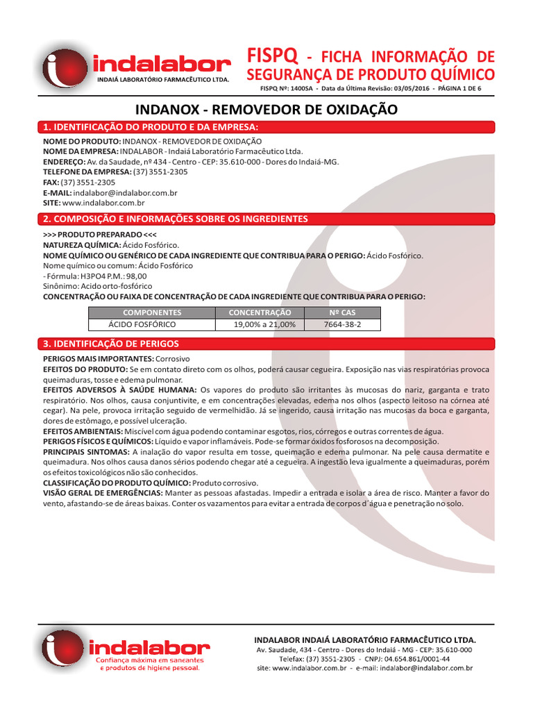 Indanox: Removedor de Oxidação Seguro | PDF